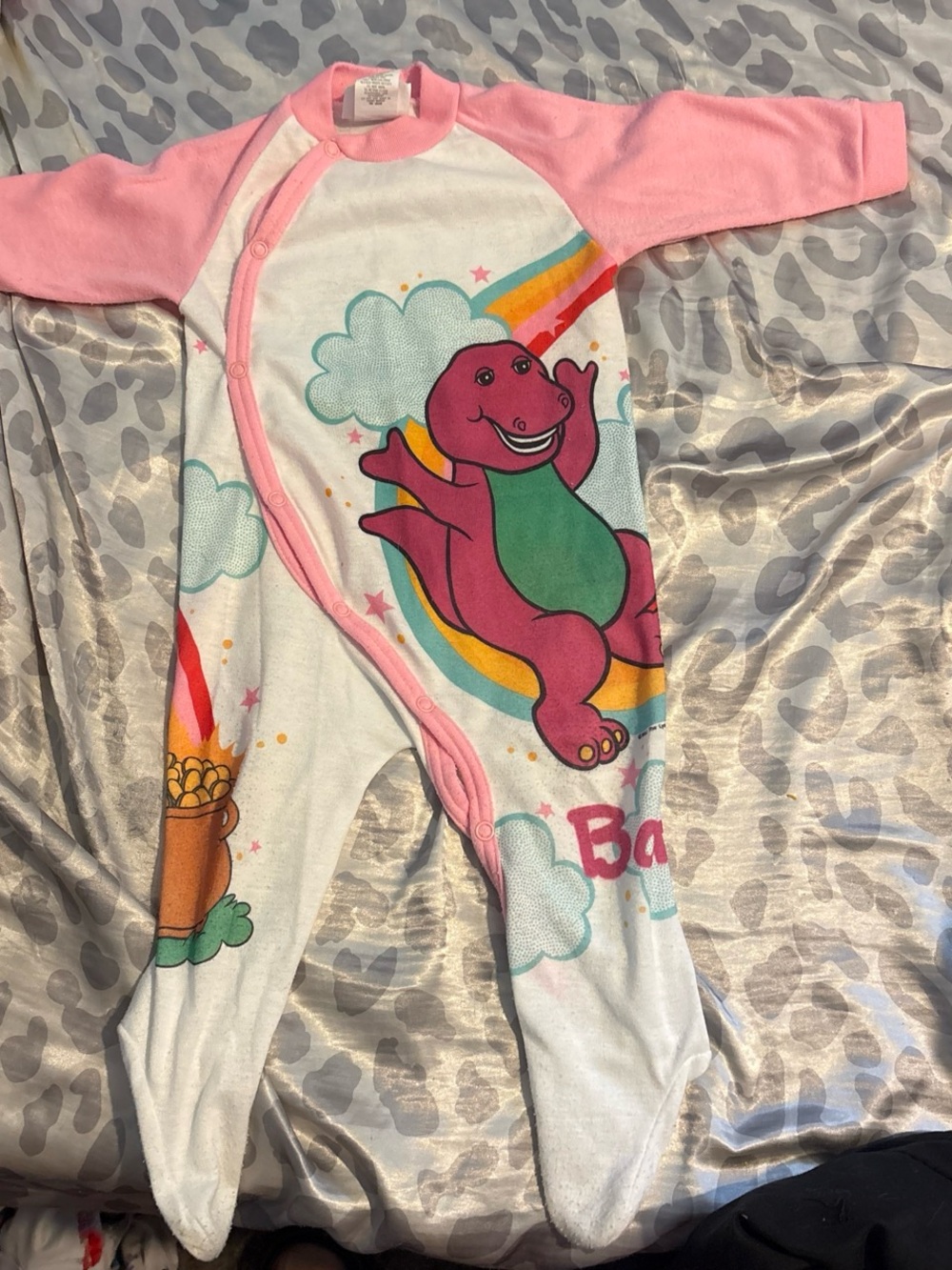 Barney Pink & White Infant Footed Pajamas with Rainbow Graphic